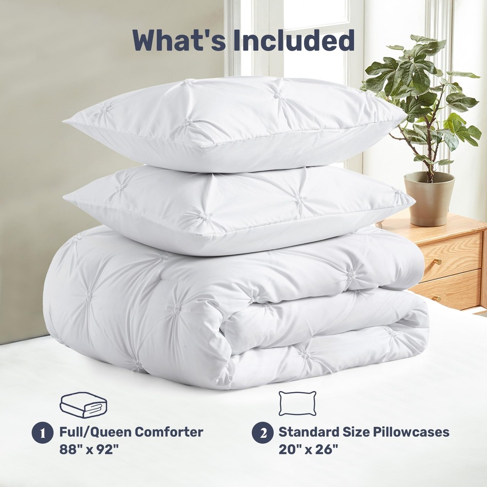 Queen Comforter Set White - Soft Fluffy Pintuck Down Alternative Bedding Set ...