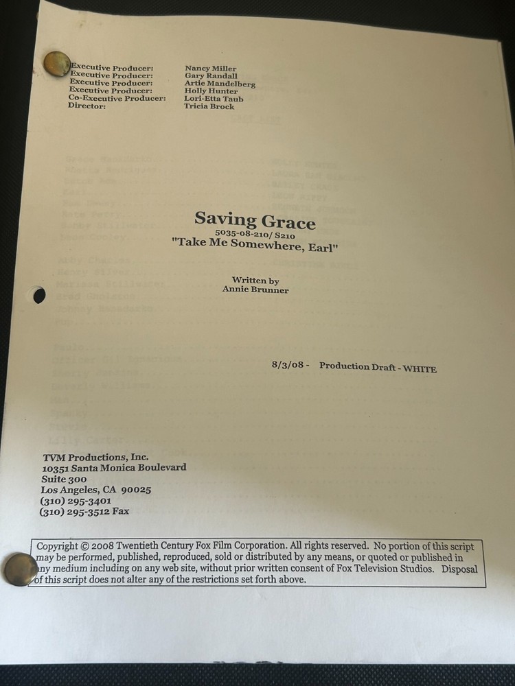 ORIGINAL SCRIPT SAVING GRACE TAKE ME SOMEWHERE EARL HOLLY HUNTER LEON RIPPY