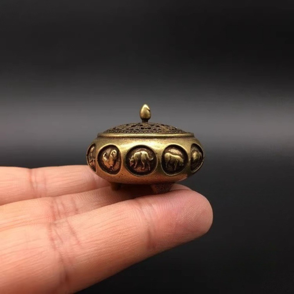 Solid Brass Mini Incense Burner with Lid for Meditation Decoration