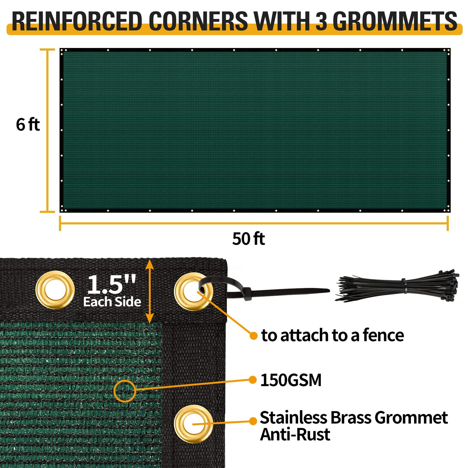 Privacy Fence – 6' x 50' Heavy Duty Privacy Screen with Bindings & Brass Grom...