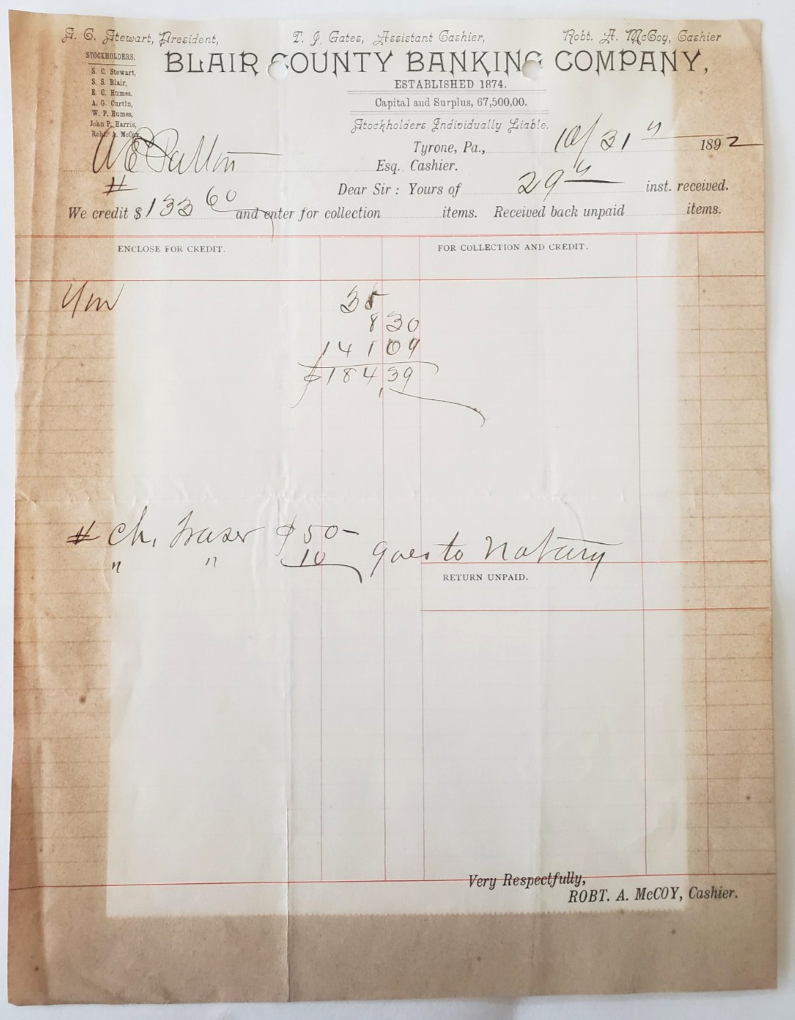 1892 Document, Blair County Banking Company, Tyrone, PA