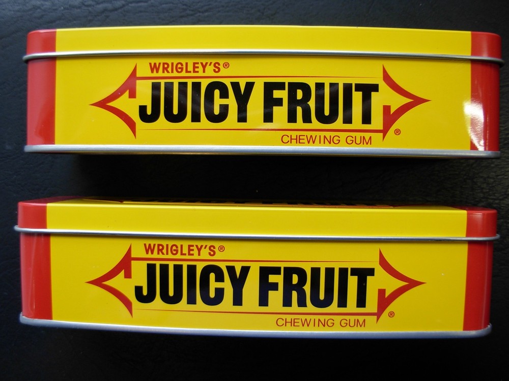 Two Wrigley's Juicy Fruit Tin Containers