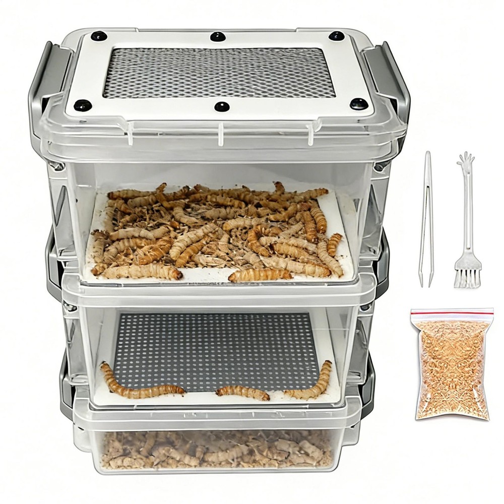 Mealworm Breeding Kit 3-Layer Silkworm Feeder Bin Corn Worm Breeder Box