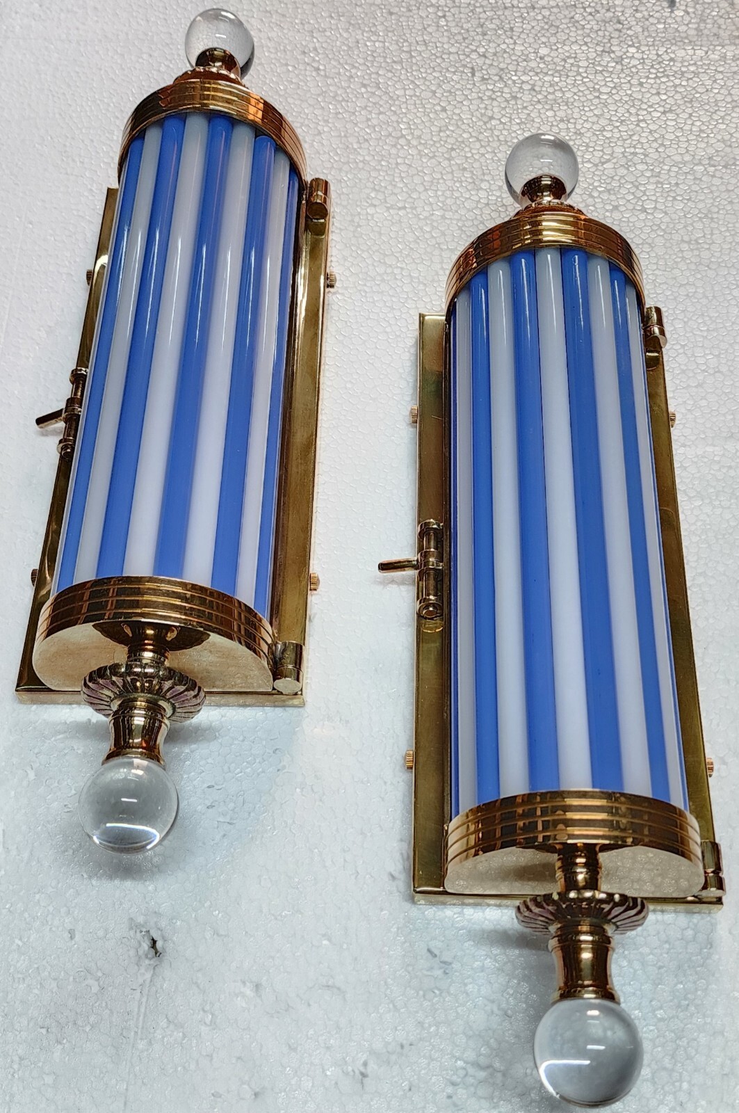 PAIR ANTIQUE VINTAGE ART DECO METRO LIGHT BRASS CASE BLUE ROD WALL SCONCES LAMP
