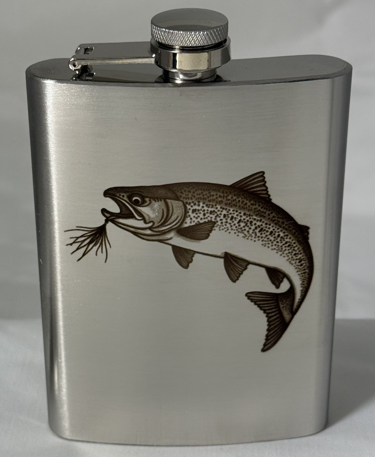 8 oz Stainless Steel Flask – Engraved Trout Fish – Gift for Fishermen – w/Funnel