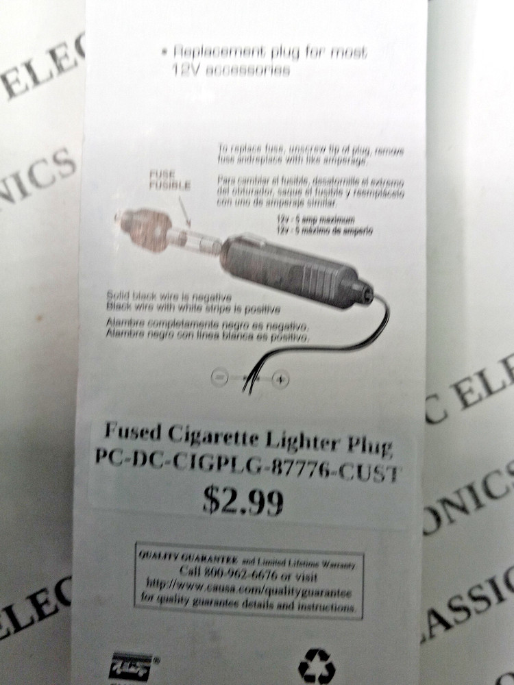 Custom Accessory 12V DC Cigarette Lighter Replacement Plug With Fuse
