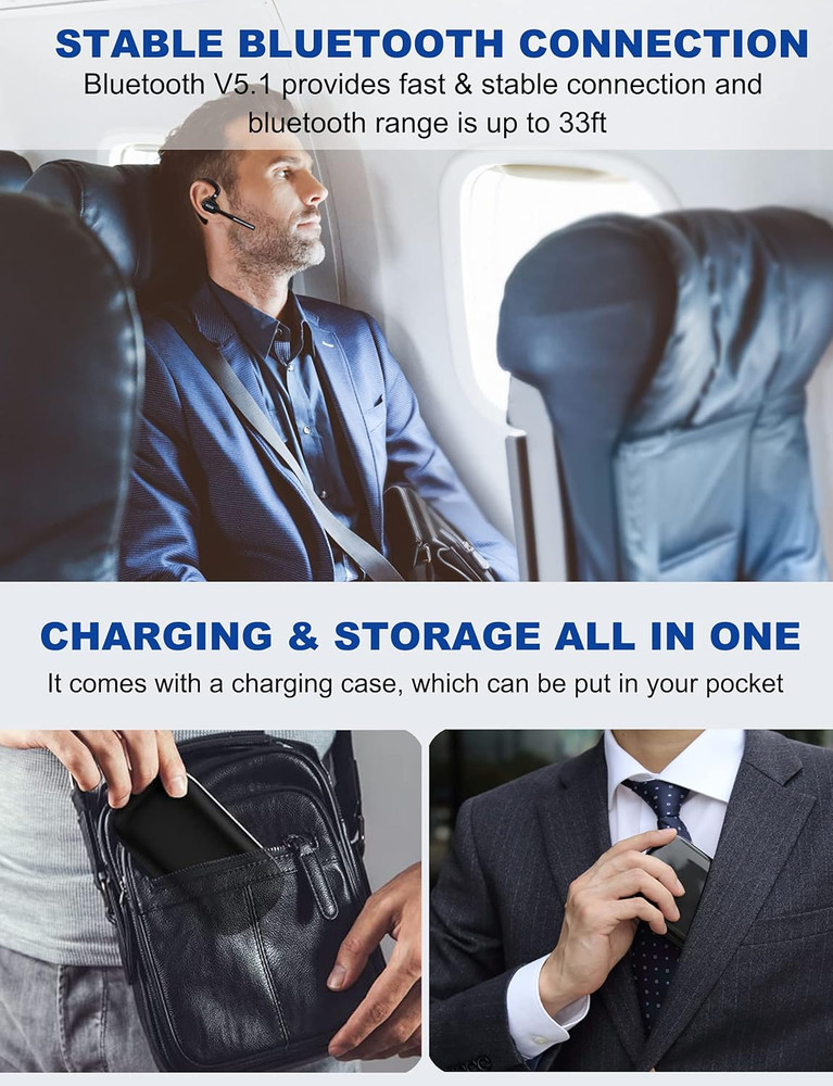 Bluetooth Headset V5.1, Wireless Headset with Battery Display Charging Case, Blu