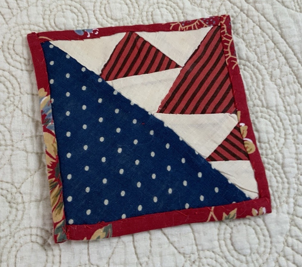 Vintage Patchwork Quilt Small Table Topper, Triangles, Red, White, Navy Blue