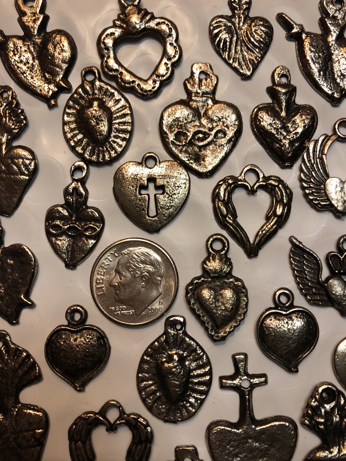 25 Milagro HEART Charms Mix Mexican Folk Art Dark Antique SILVER All HEARTS