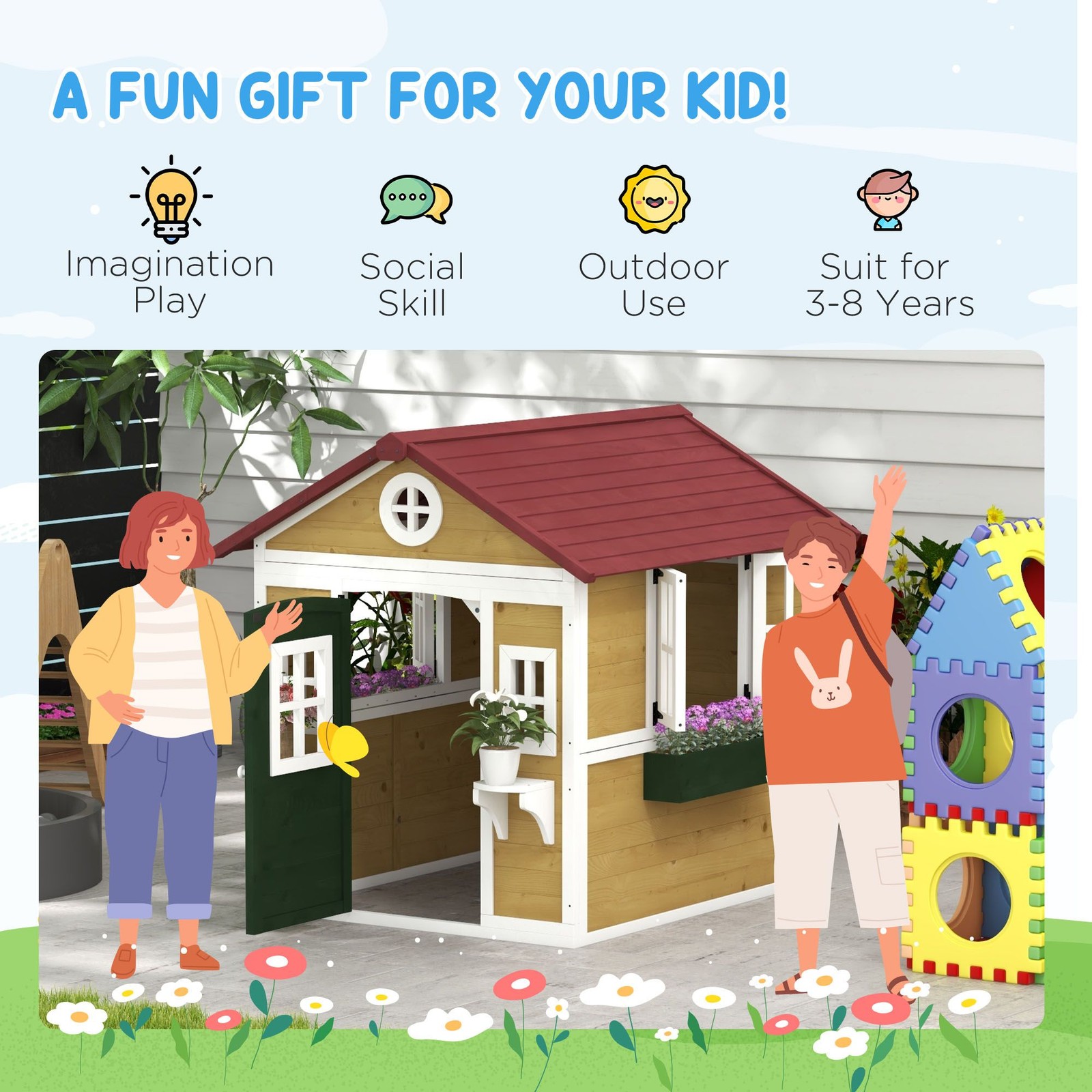 Outsunny Wooden Playhouse for Kids Outdoor, Doors, Windows, Planter Pots, Beige,