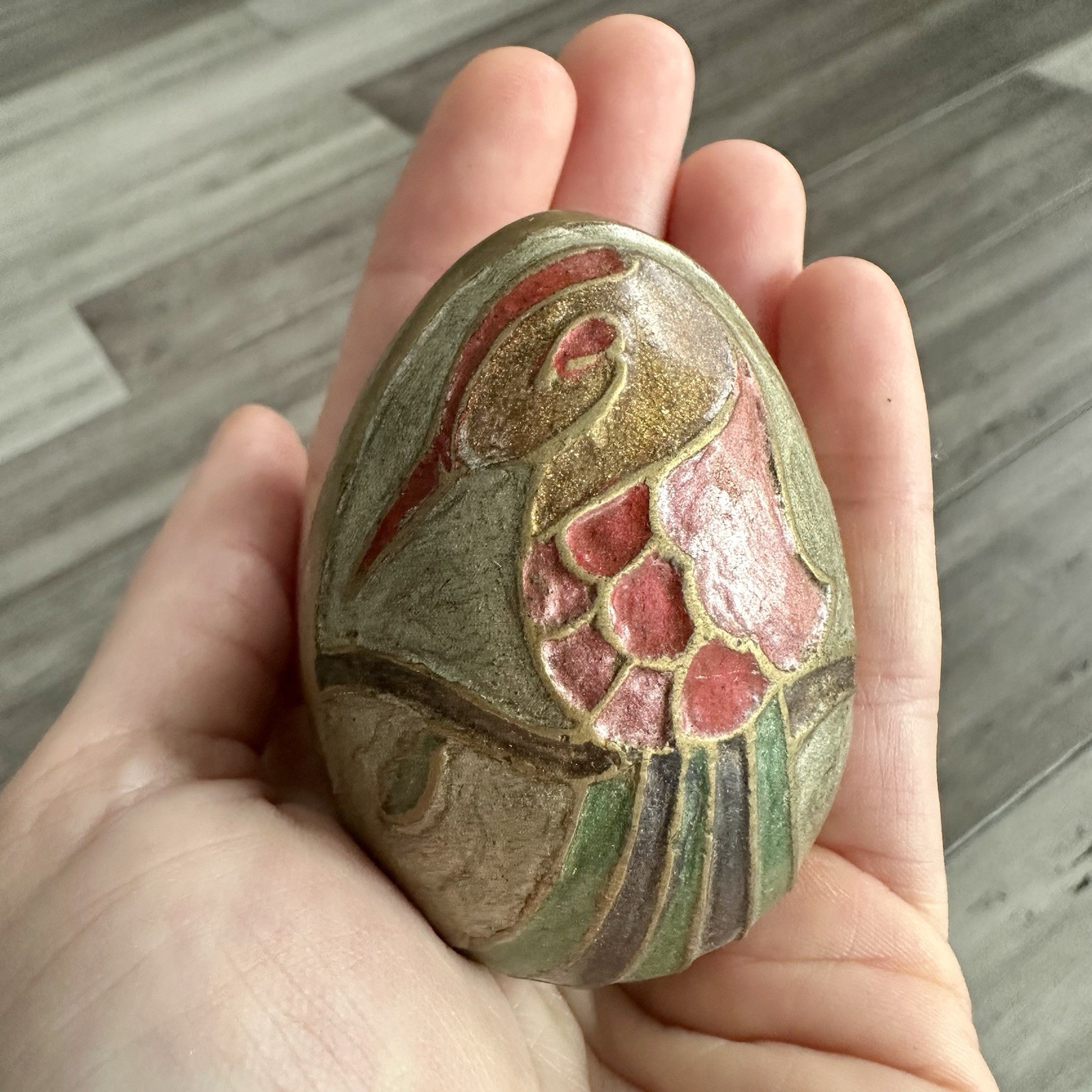 Vtg 2.5” Egg Painted Enameled Brass Bird On Branch Enamel Paperweight Trinket