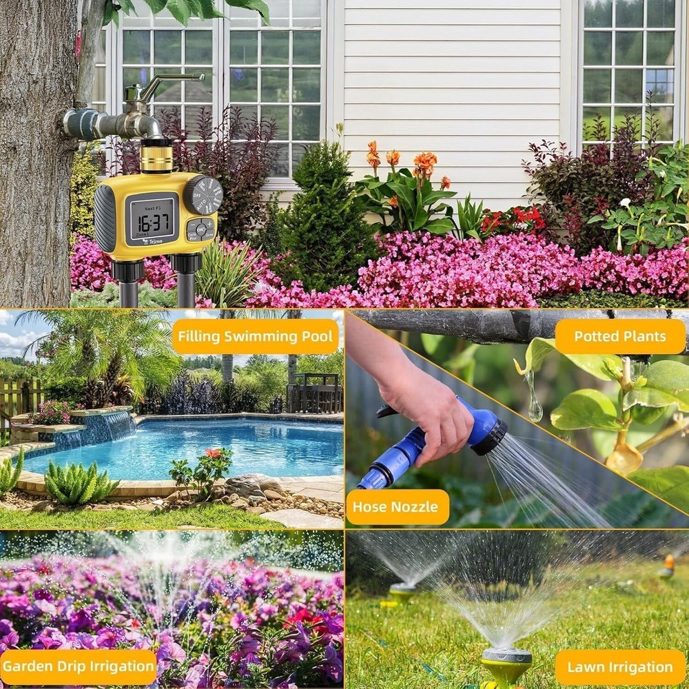2 Zone Sprinkler Timer Outdoor w/ Brass Swivel Water Timer Automatic Controller