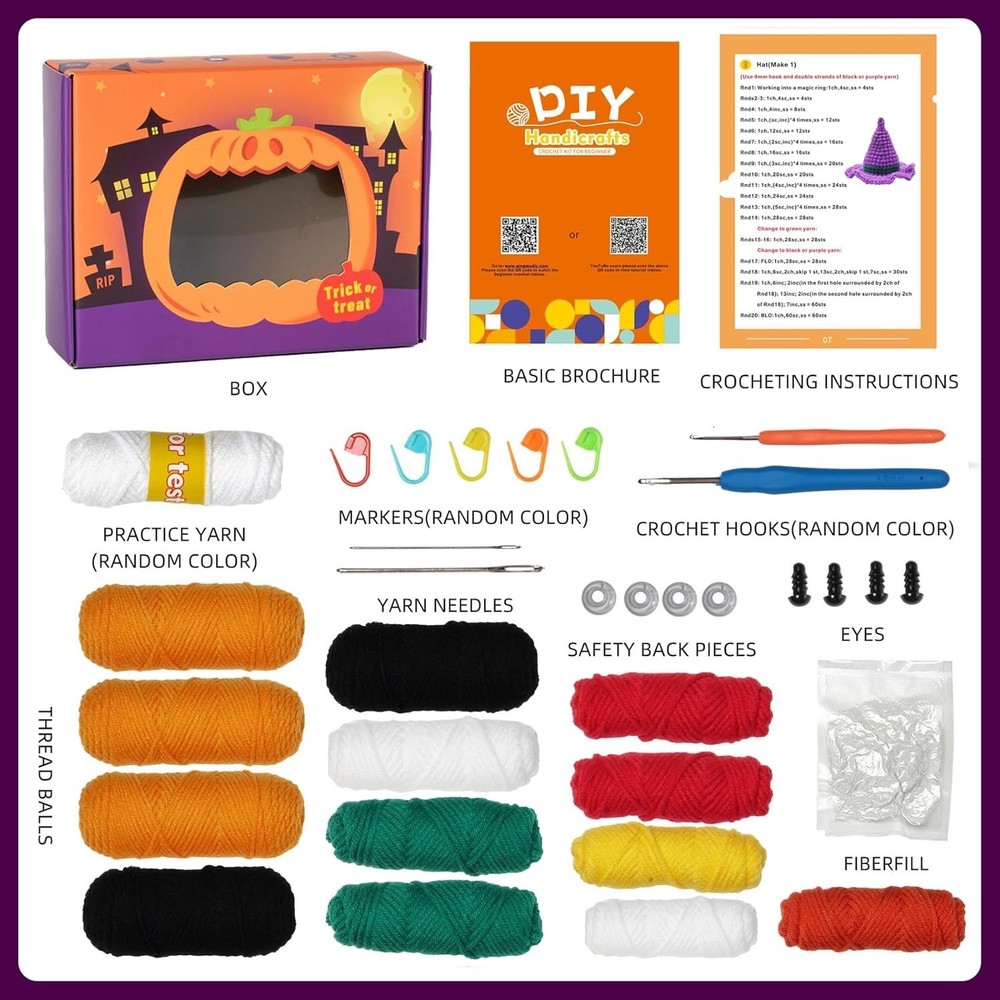 All-in-One Beginner Crochet Kit: Pumpkin Candy Bag with Video Tutorials - Per...