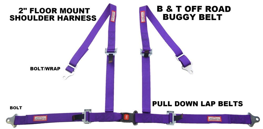 2" PURPLE 4 POINT SEAT BELT HARNESS PULL DOWN LAP BELTS FLOOR MOUNT PUSH BUTTON
