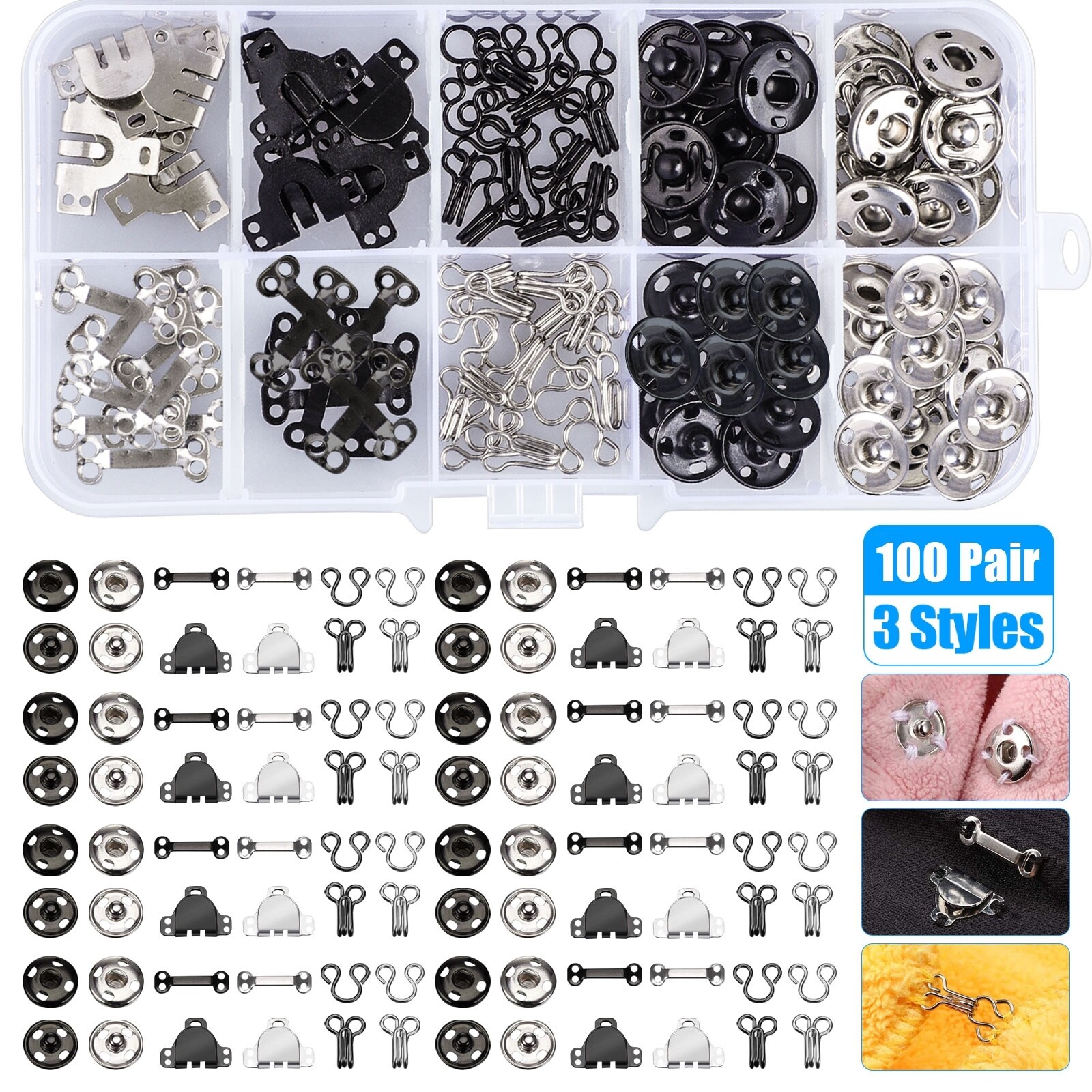 100 Pair Sewing Hook and Eye Closure 3 Styles Fasteners for Trousers Skirt Dress