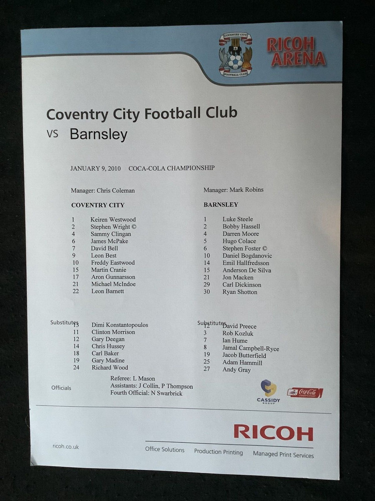2009/0 Coventry City v Barnsley teamsheet