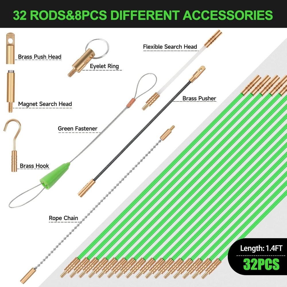 45FT Fiberglass Wire Pulling Kit with 8 Attachments for Effortless Installation