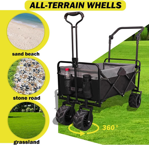 Collapsible Folding Wagon with Extra Push Pull Handle, Heavy Duty Black