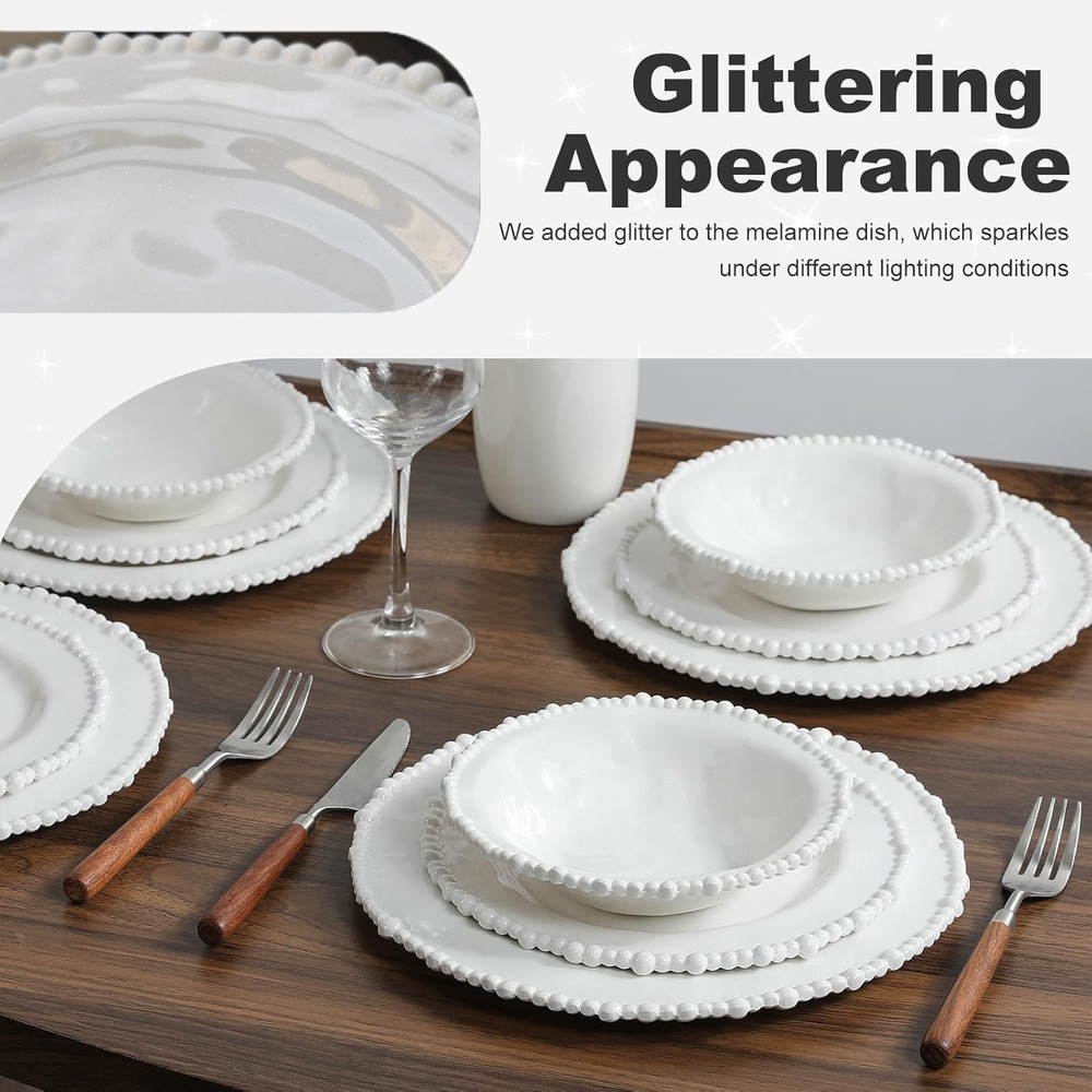 White Pearl Melamine Dinnerware Set, 12-Piece Plastic Dinner Dishes Set, for ...