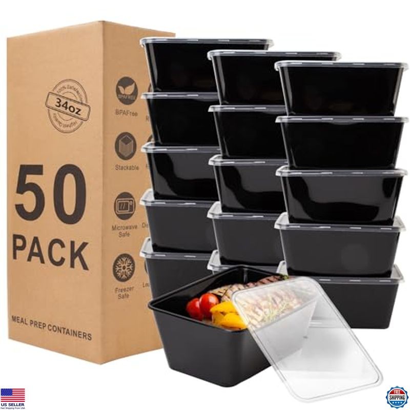 50-Pack 34oz Meal Prep Containers - Reusable, BPA-Free, Stackable, Microwave