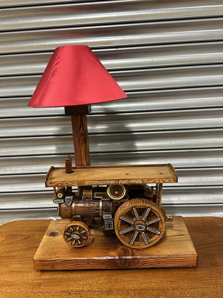 Unique Hand Carved Folk Art Traction Engine Table Lamp Scratch Built - Working