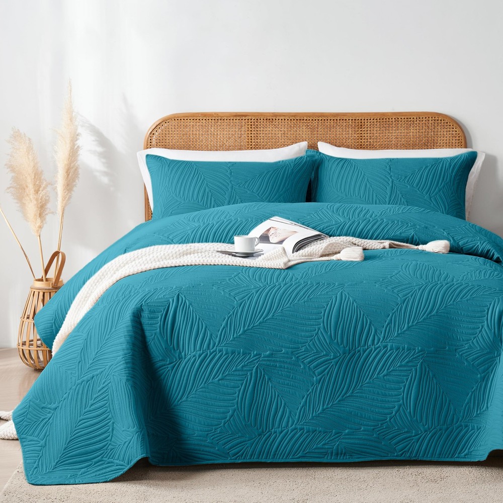 OARAGE Queen Quilt Bedding Set Soft Lightweight Teal Bedspread with Leaf Pattern