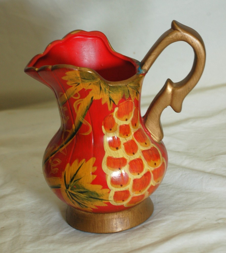 Ceramic Pitcher Jug Red Gold Grape Designs Decorative