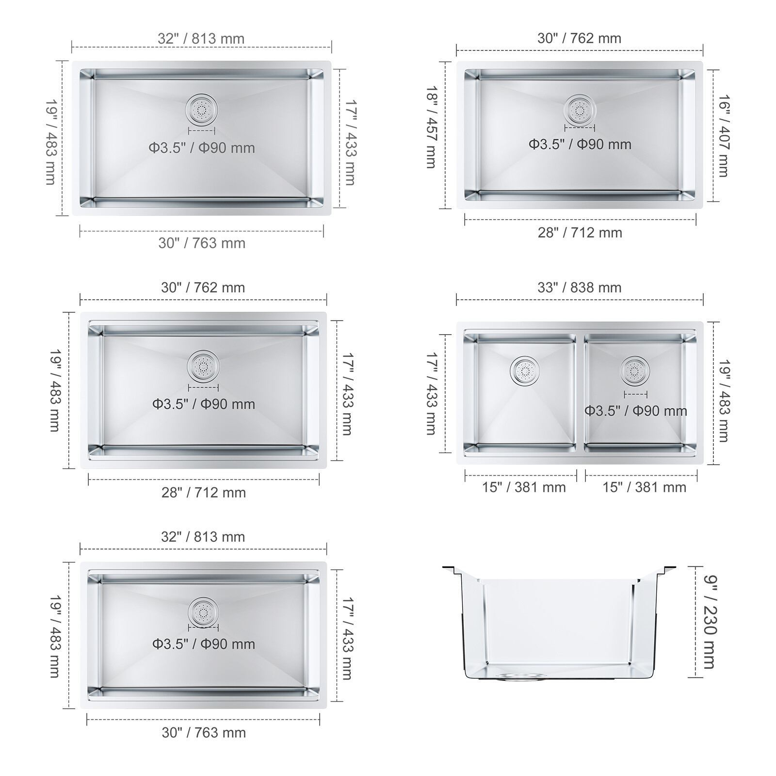 VEVOR 30"/32"/33" Drop in Undermount Kitchen Sink Single/Double Bowl Stainless