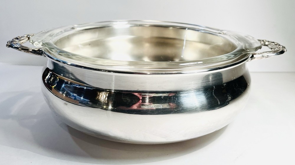 VTG Leonard Silver Plated Casserole Dish w/Glass Pyrex Corning 2 Qt. Insert