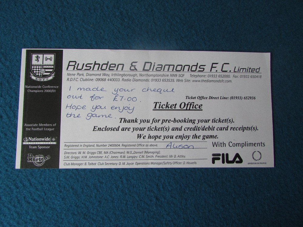RUSHDEN & DIAMONDS Compliments Slip
