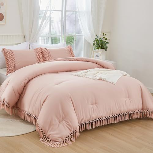Pink Full Size Comforter Set, 3 Pieces Boho Tassel Lightweight Soft Bedding