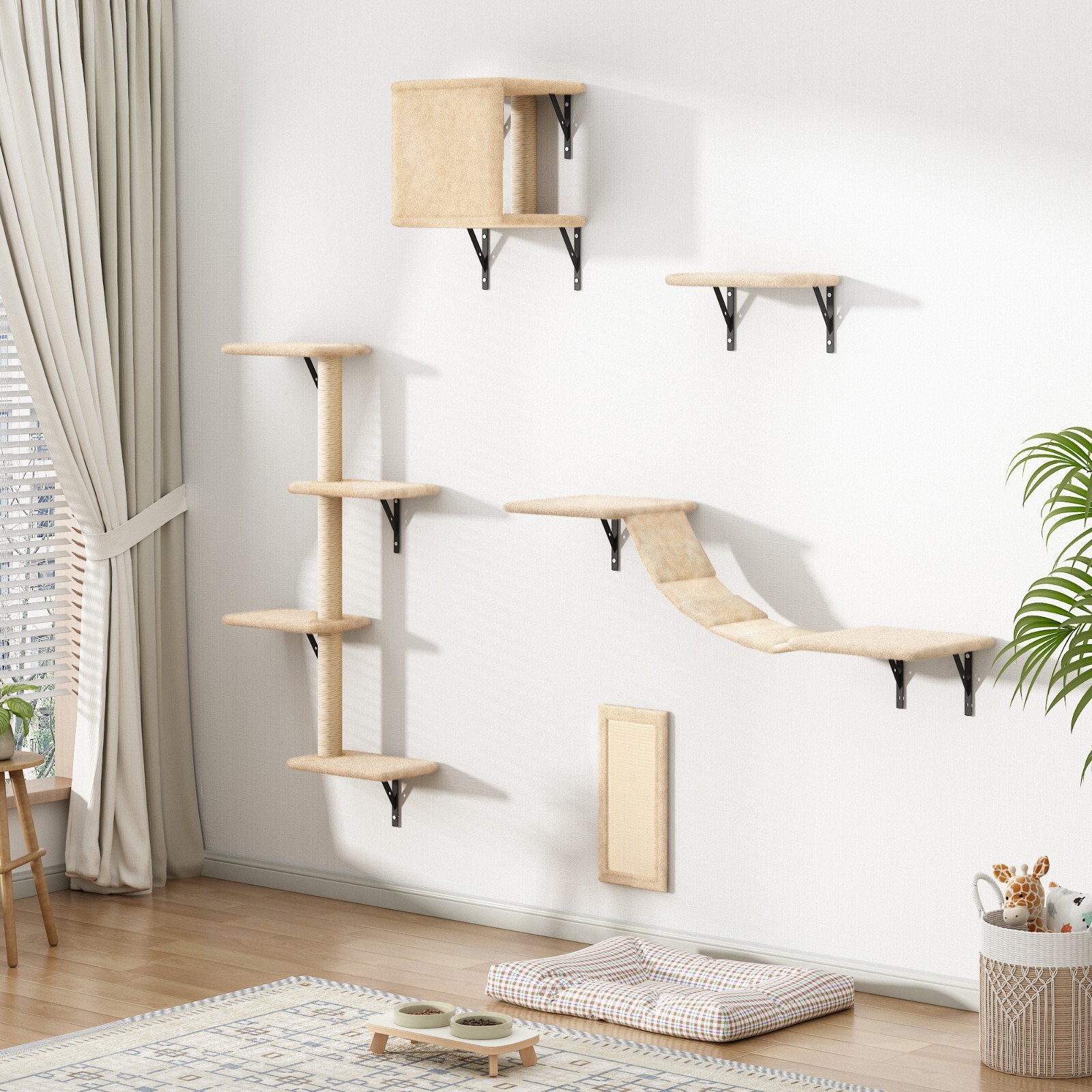 COZIWOW 5 Pcs Wall-Mounted Cat Climber Set Wood Indoor Cat Furniture Cat Shelves