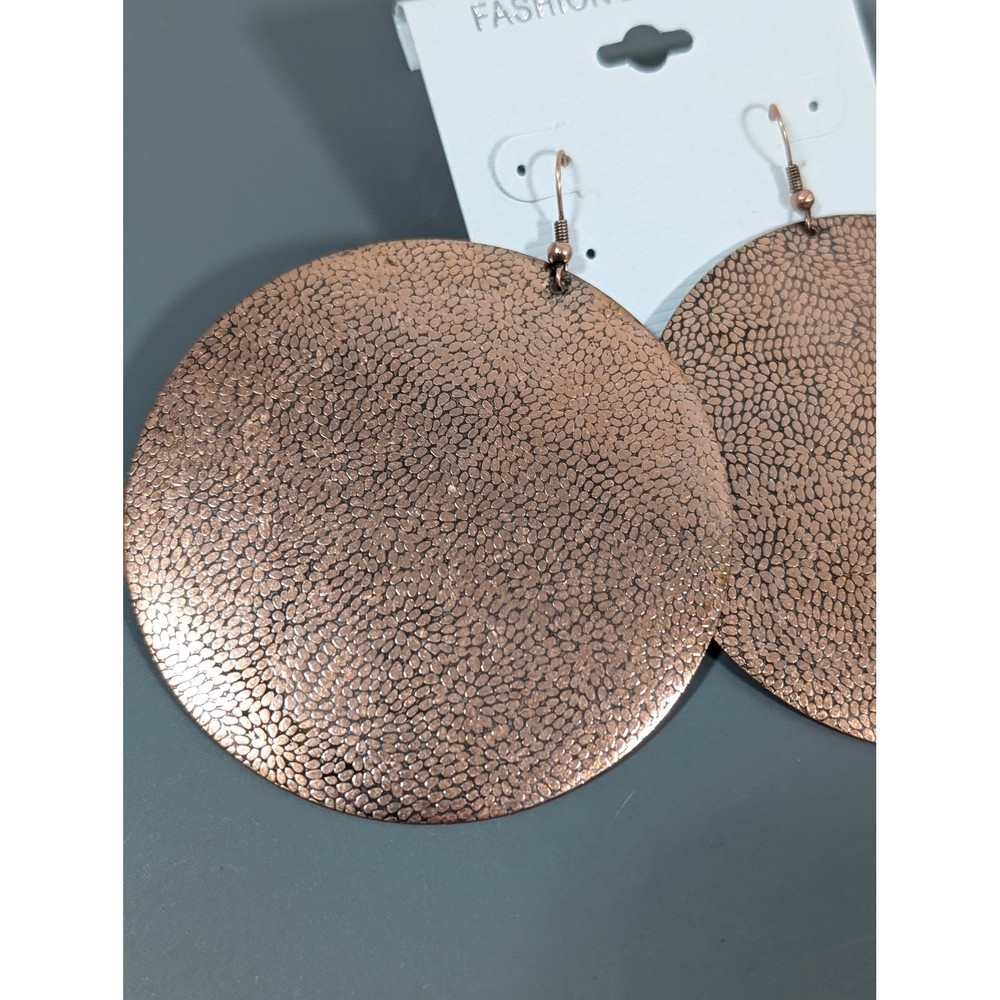 Copper Tone Large Pebble Textured Round Disc Dangle Earrings Pierced Statement