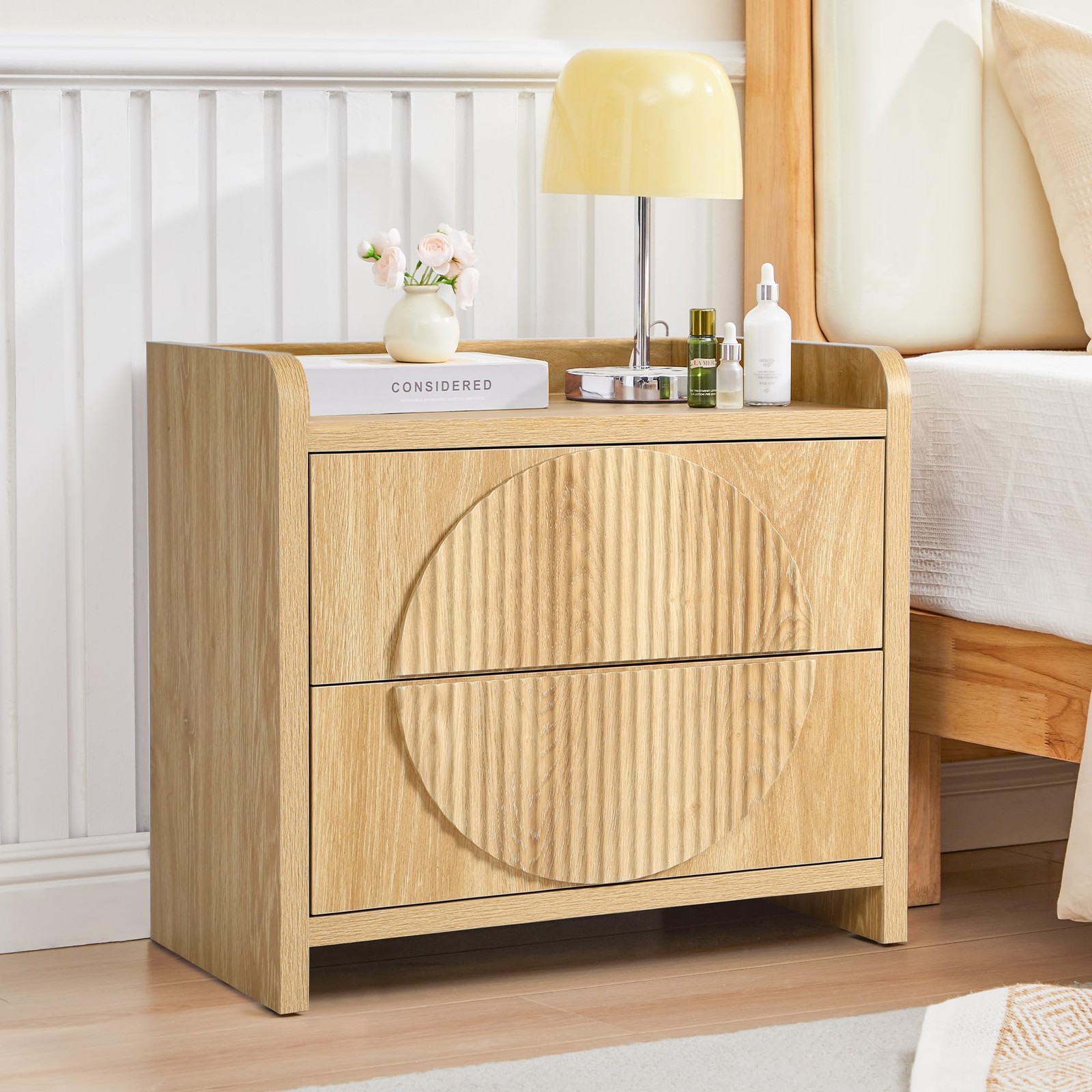 24 Inch Wide Fluted Nightstands Large Night Stand with 2 Drawers