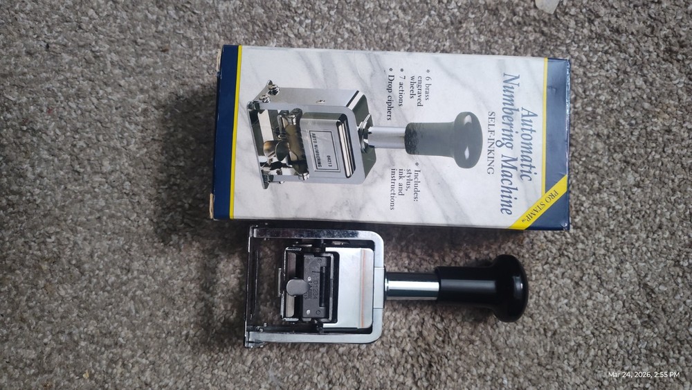 Automatic Numbering Machine Self Inking 6 Brass Wheels 7 Actions Drop Ciphers