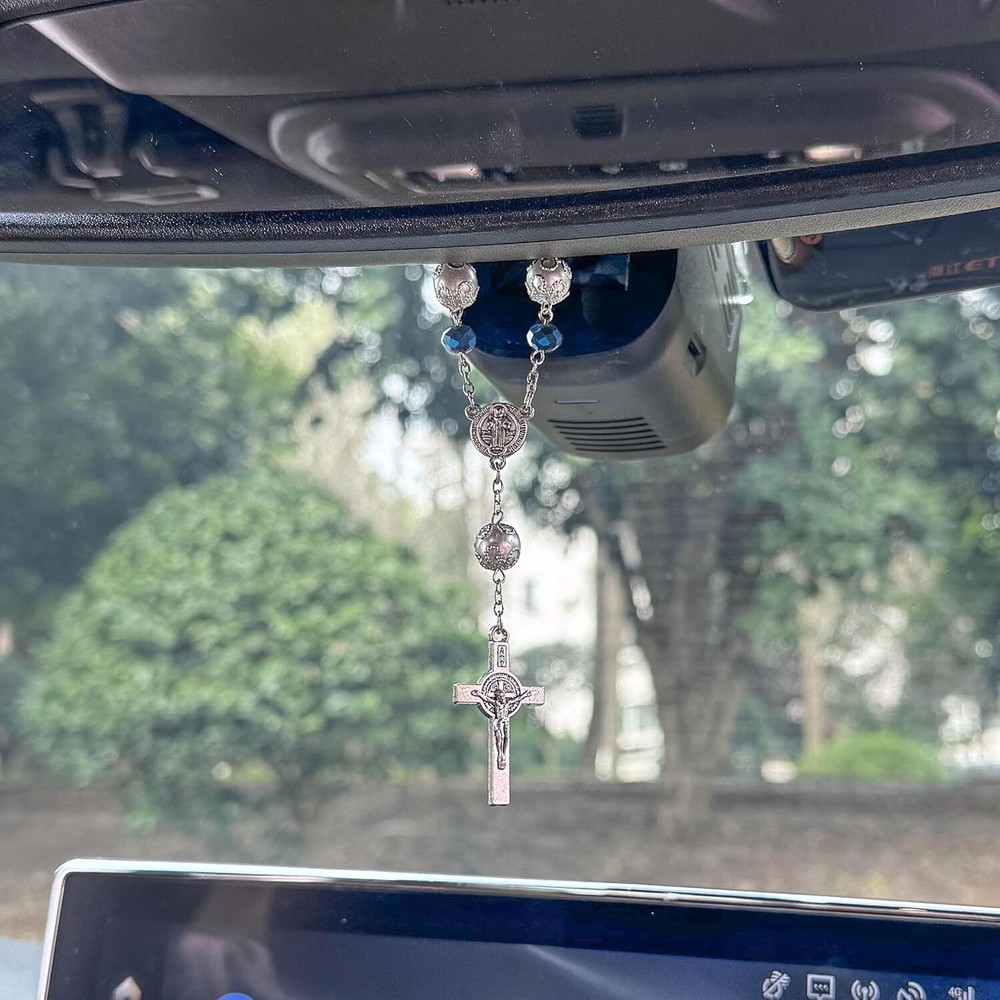 Navy Blue Catholic Auto Rosary St. Benedict Medal for Rearview Mirror Hanging