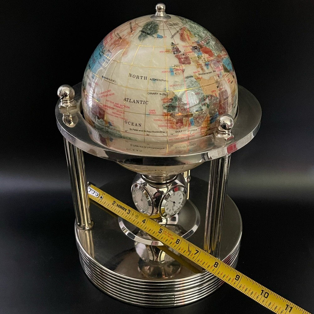 Beautiful Antique Precious Gemstone World Globe With Clock, Hydrometer, & Temp