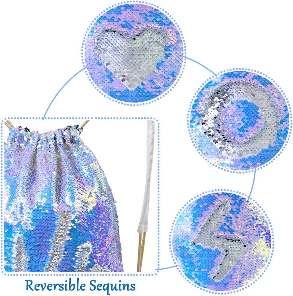 MHJY Sparkly Drawstring Backpack Mermaid 18"*14", Purple/Silver