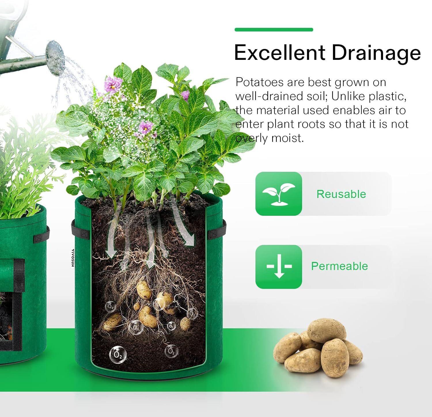 VIVOSUN 5-Pack 7Gallon Potato Grow Bags Fabric Pots w/ Handle and Roll-up Window
