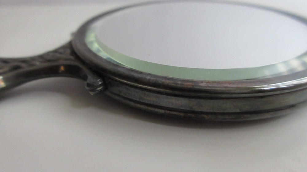 Victorian Ladies Pocketbook Purse Silver Hand Mirror with Black Satin Cover