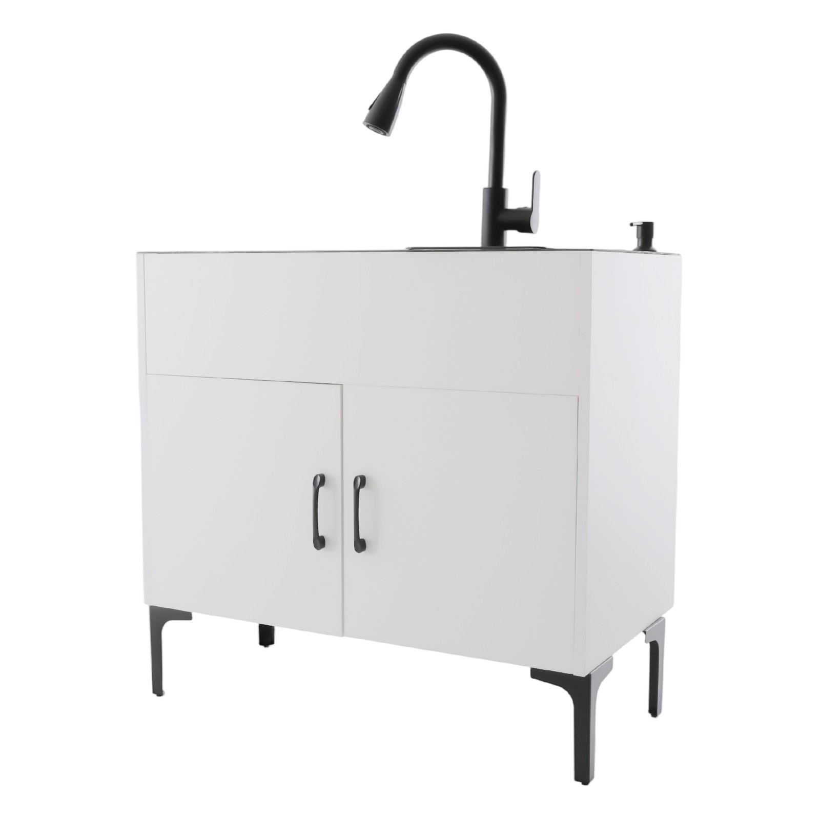 Stainless Steel Sink with Pull-Out Faucet and Cabinet Freestanding Kitchen Sink