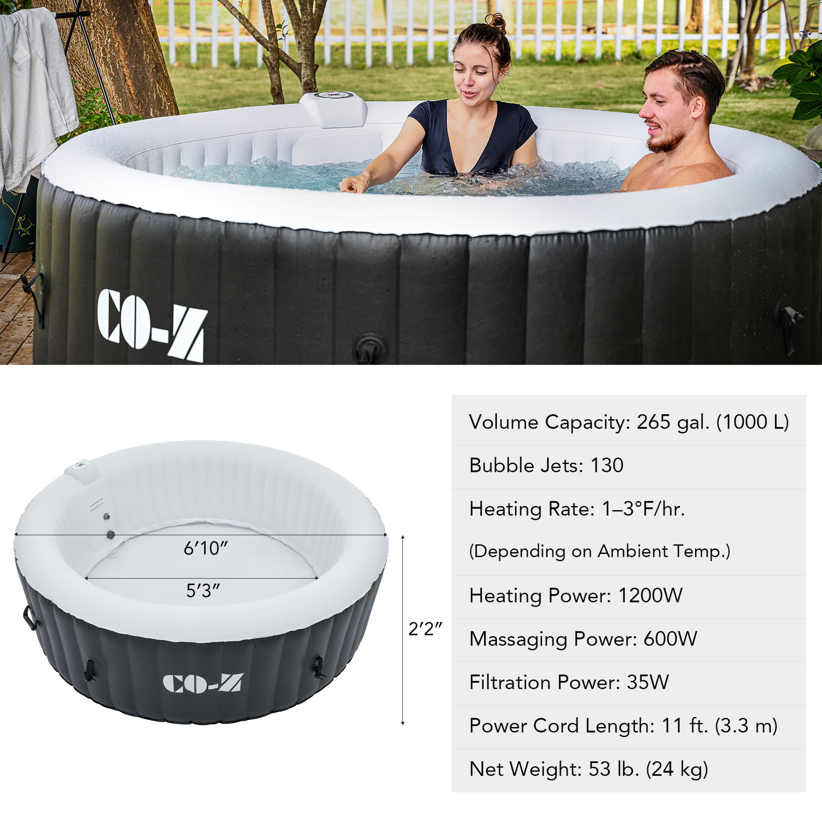CO-Z Blow Up Hot Tub with 130 Jets for Sauna Pool Bath 6 Person Outdoor Spa Tub