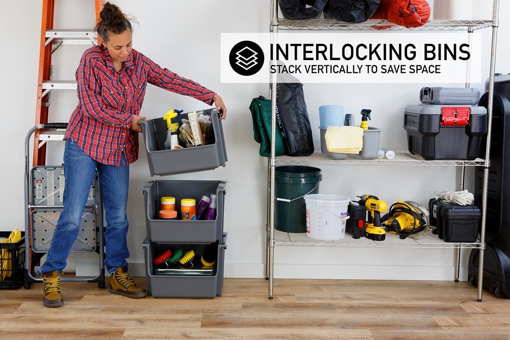 Mighty Tuff Large Gray Plastic Bin – Nesting Stack Storage, Durable All-Purpose