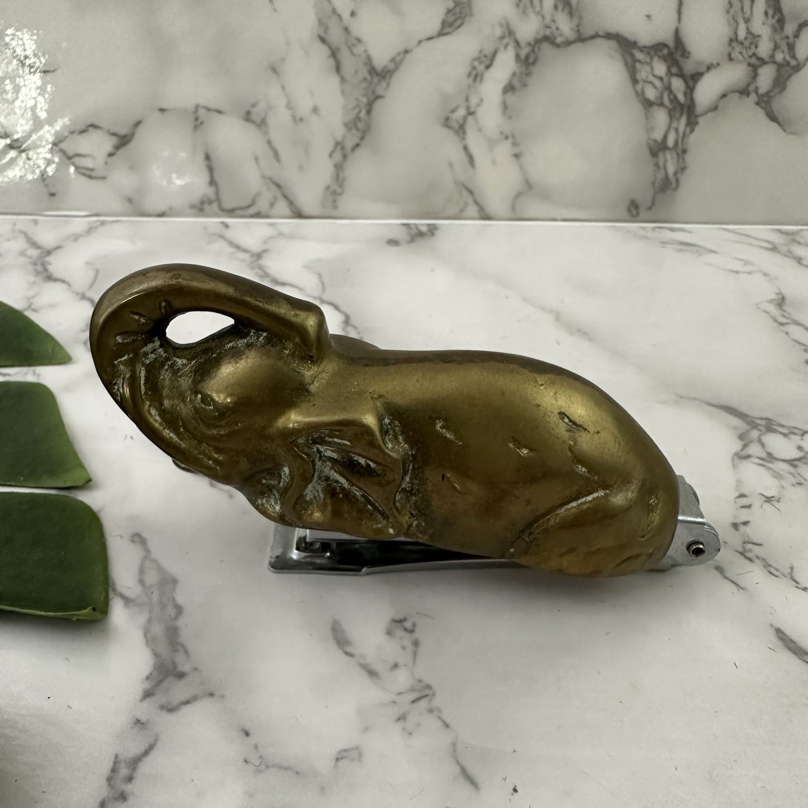 Vintage 80s Brass Elephant Stapler Tape Dispenser Set Desk Decor Metal Novelty