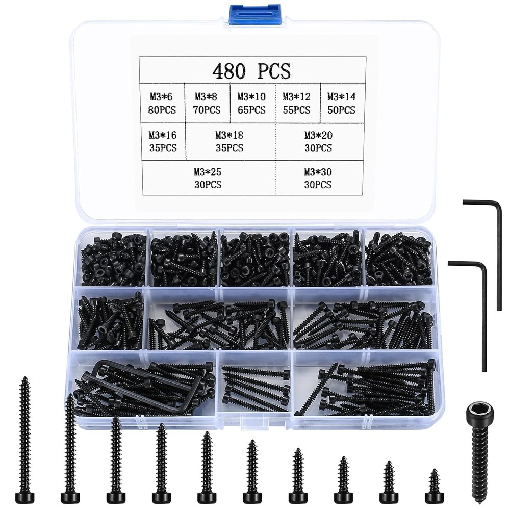 Metric Hex Socket Cap Head Self Tapping Screws, 480pcs M3 Stainless 480 Black