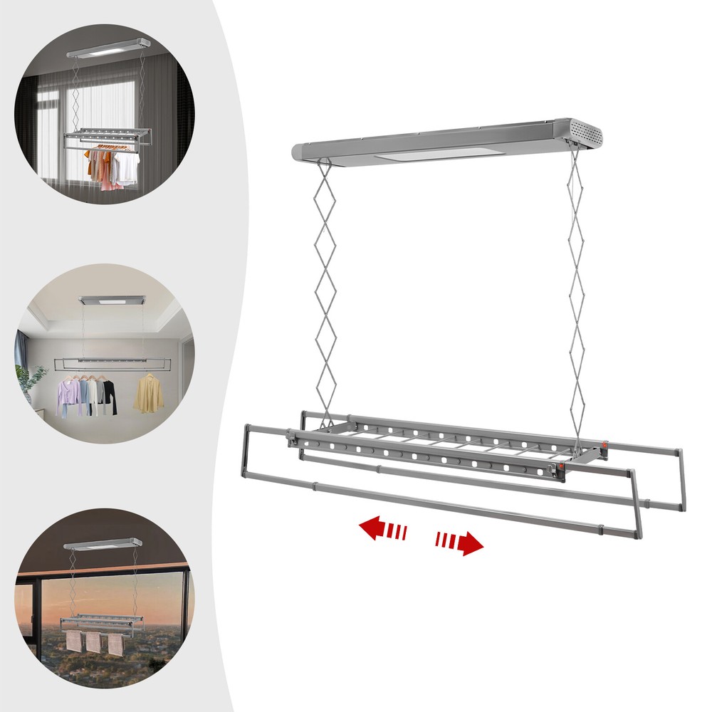 Ceiling-mounted Clothesline, Resealable Vertical Drying Rack W/ Led Light 8 Rods
