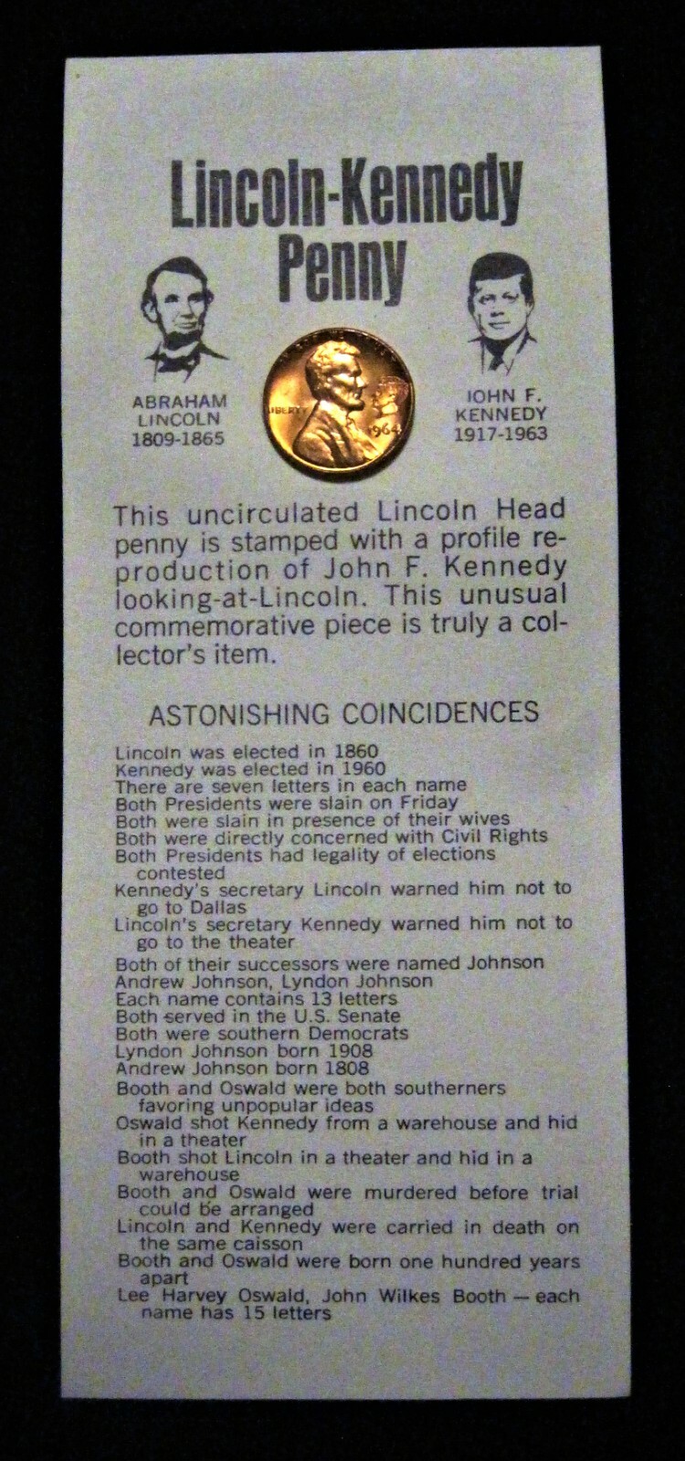 Red Unc 1964 Lincoln Kennedy Penny Astonishing Coincidences JFK Cent Card