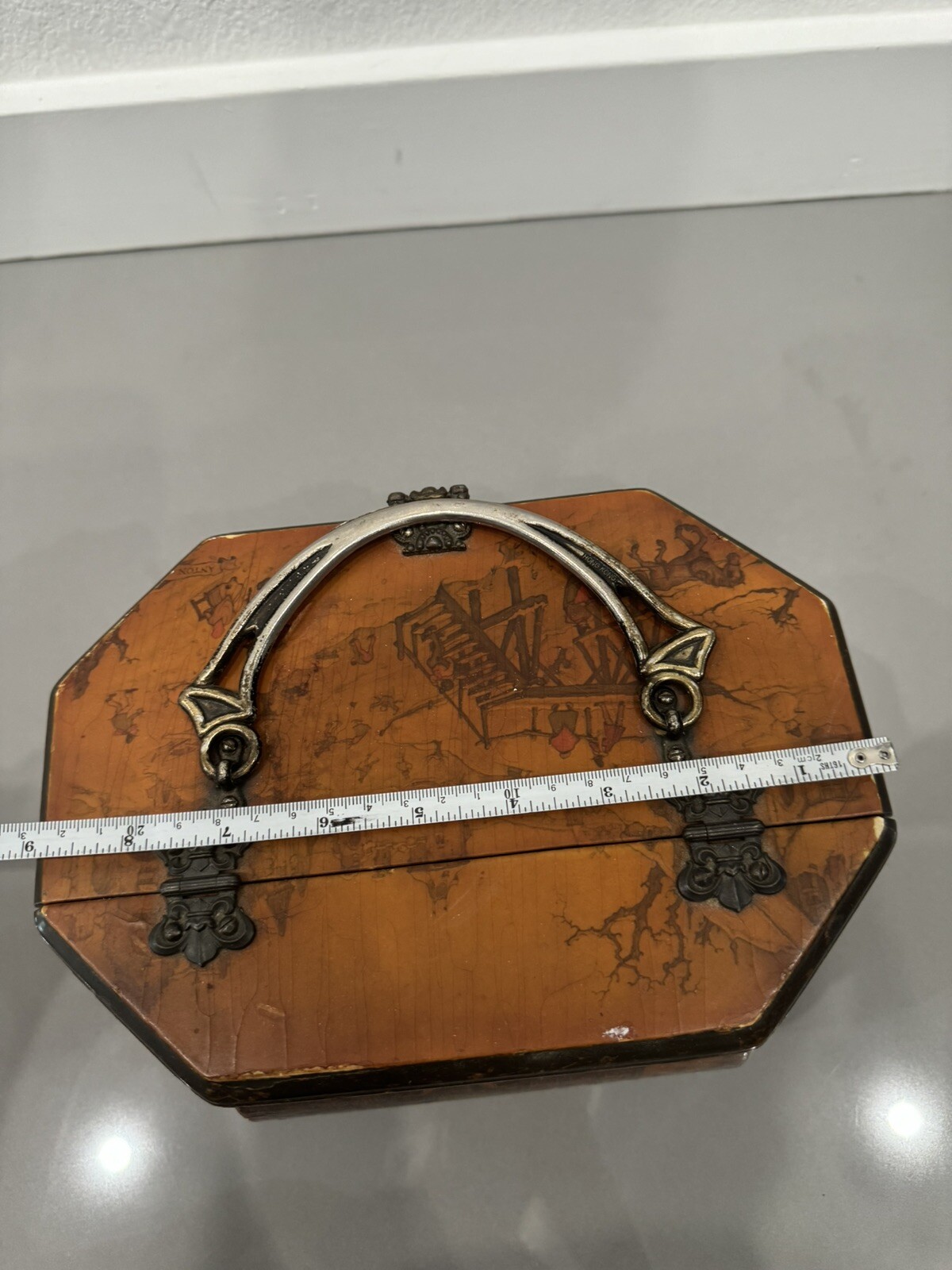 Vintage DECOUPAGE Wood Octagon Purse Box Old City Scenes