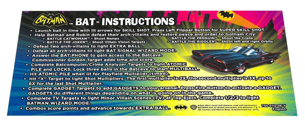 Stern Batman 66 Pinball Apron Instruction Card