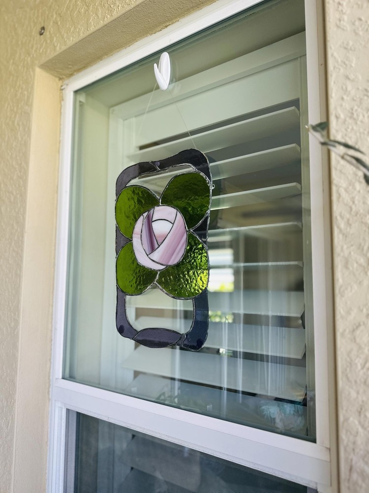 Stained Glass Rose & Leaf Suncatcher Window Panel